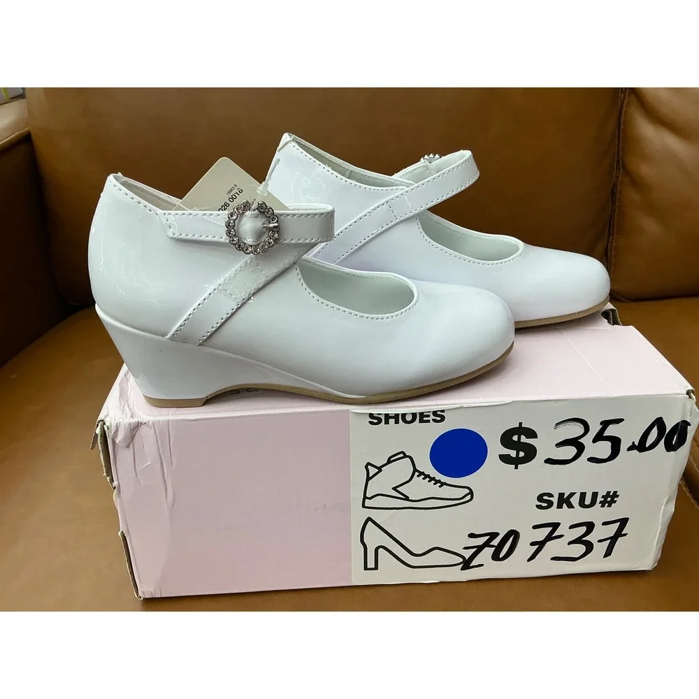 Christie & Jill Mary Jane Wedge Girls 11M White New Rhinestone Heart CJ Heart